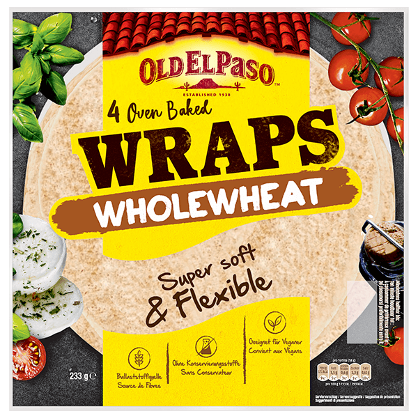 un paquet de 4 wraps de blé entier cuits au four Old El Paso, 233g